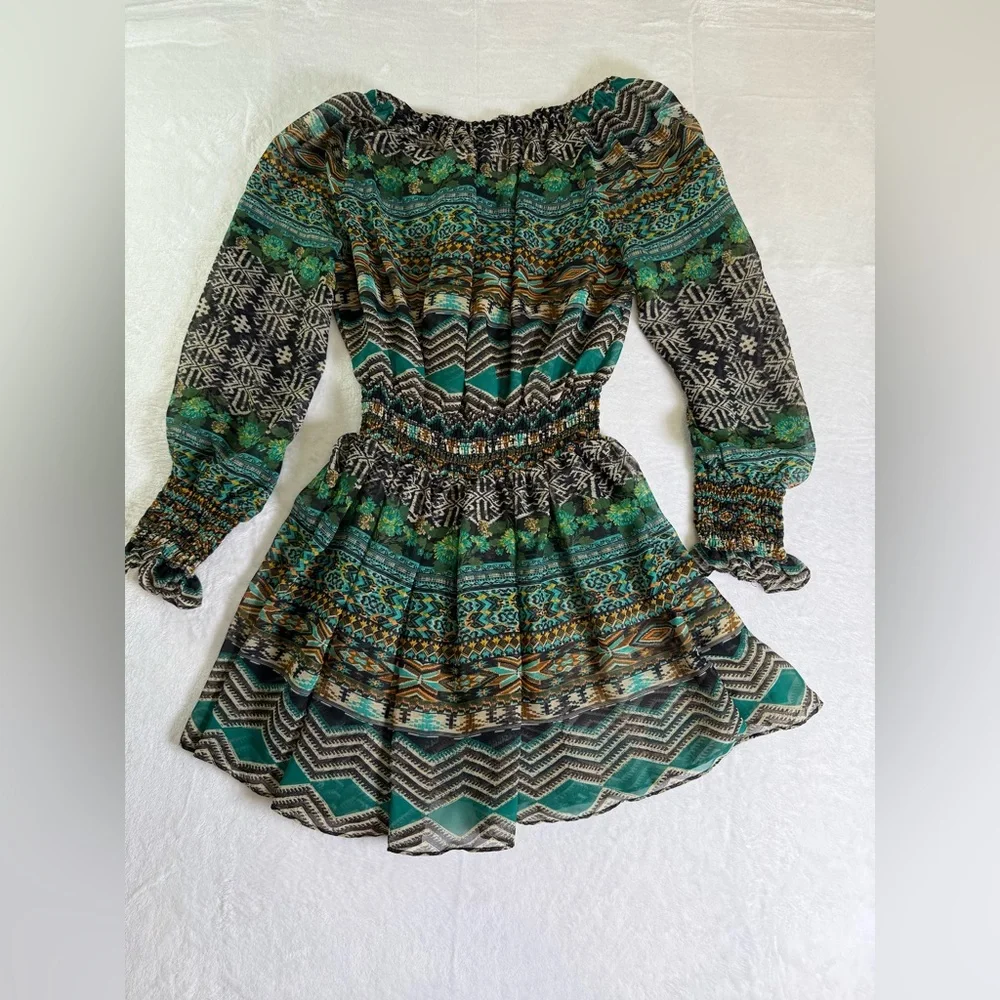 Green Patterned Long Sleeve Smocked Waist Dress‎ - Picture 6 of 6